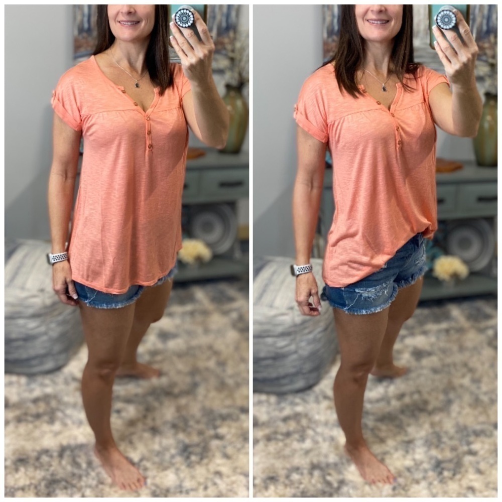 Melange Henley V-neck Floaty Cuffed Tabbed Short Sleeve Floaty Tee Peach 0523